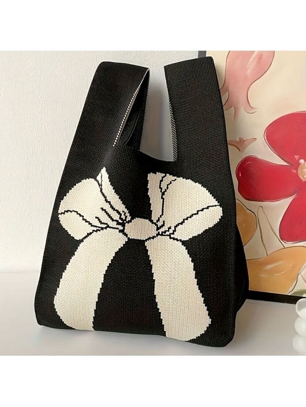 Heavy Woven Knit Bow Pattern Tote Purse Bag Japanese Knot Closure Style - Picture 1 of 4